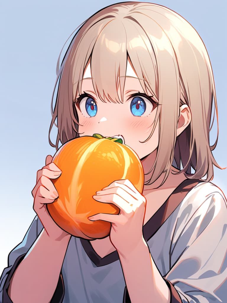  (eating orange🍊::1.2)masterpiece,((eating orange:1.2))solo,(blue eyes:1.5)),simple background,shirt,alone,long sleeve,original,((holding peeled orange:2.0)),sitting,blond hair,white shirt,male focus,food,grey background,eating,foodholding,orange,(upper body only:1.2),high quality,8k,super analysis