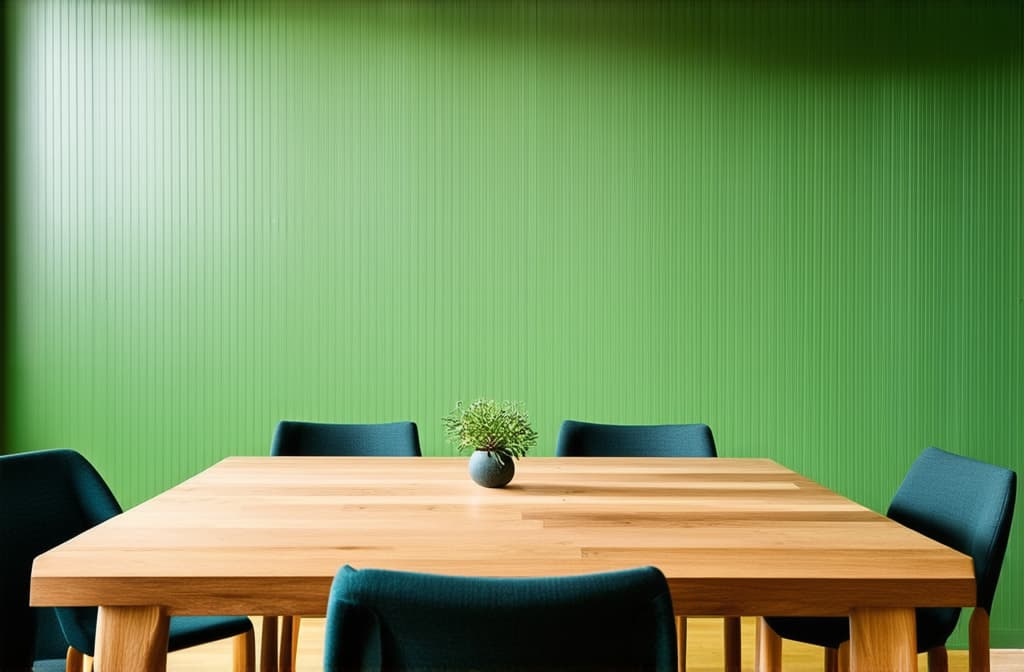  professional detailed photography, wooden dining table and chairs against green wall. scandinavian, mid century home interior design of modern dining room. ar 3:2, (muted colors, dim colors, soothing tones), (vsco:0.3)