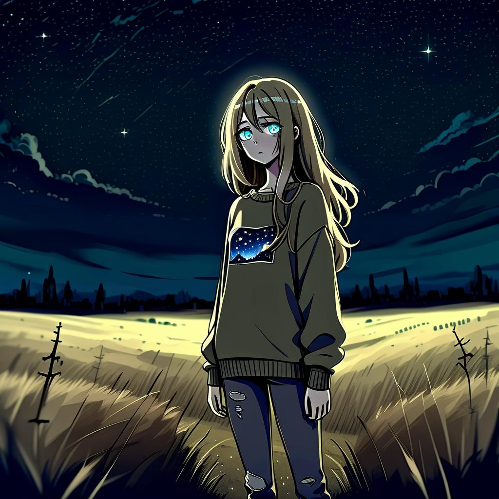  dystopian style a girl in anime style with long hair stands in the middle of the field at night wearing a khaki sweater and pants. the girl looks at the starry sky at night, her eyes of a specific color are full of fear of the unknown and curiosity. she pulls her hand up towards the night sky. . bleak, post apocalyptic, somber, dramatic, highly detailed