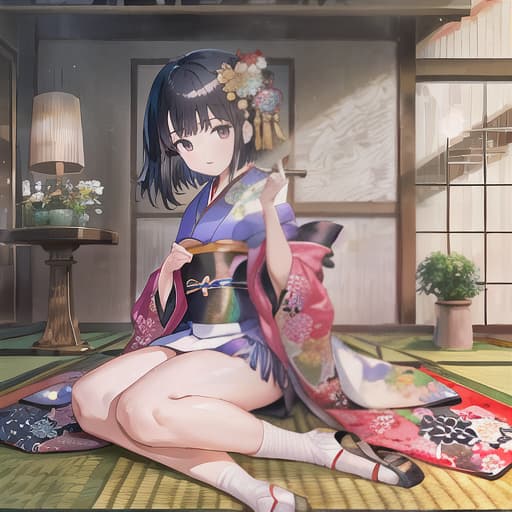  master piece , best quality,beautiful girl, modest kimono, black hair, full length, sideways