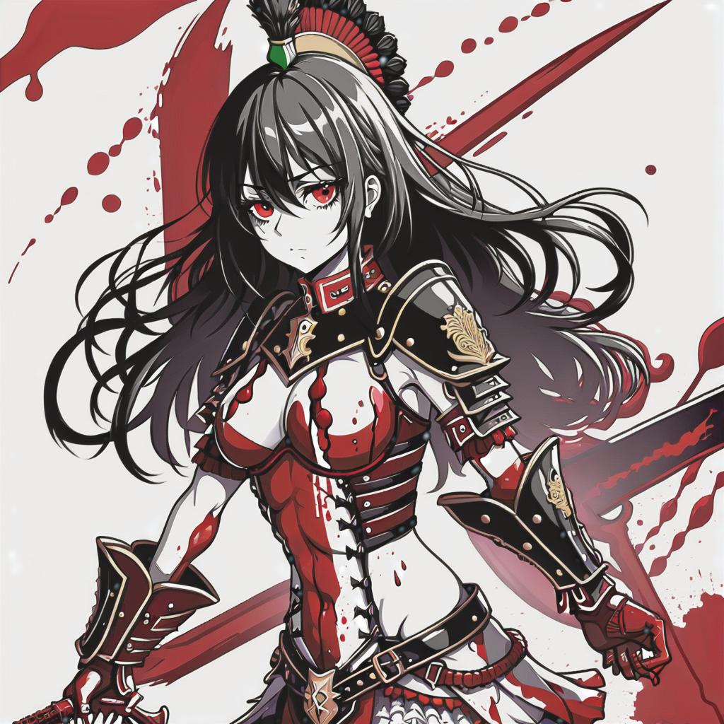  line art drawing wounded blood hussar girl, same nightmare. anime style . professional, sleek, modern, minimalist, graphic, line art, vector graphics