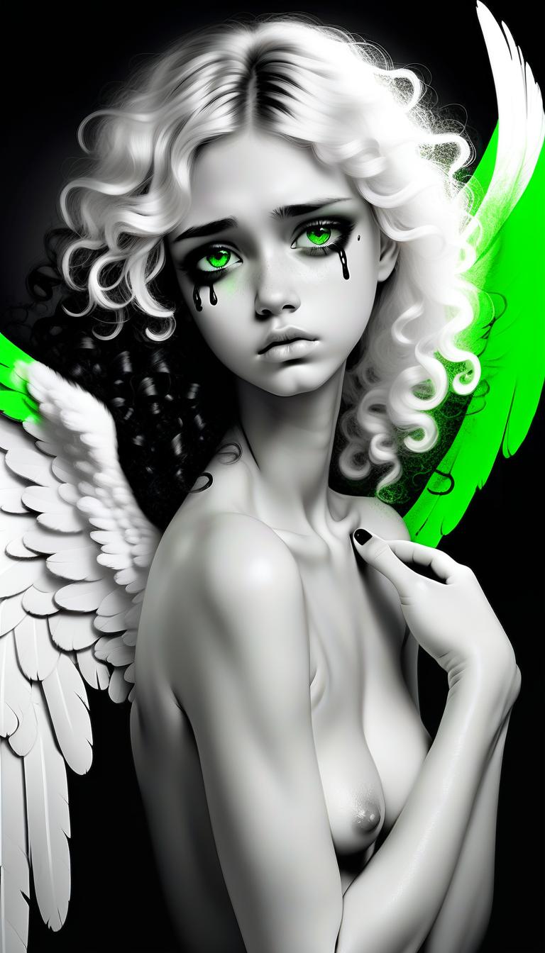  1) a very sad angel in tears, 2) one wing white, the other black, open 3) curly hair, the right half of the hair on the head is white, the left half of the hair on the head is black. 4) angel takes off (5) black and white art (6) green eyes (7) naked