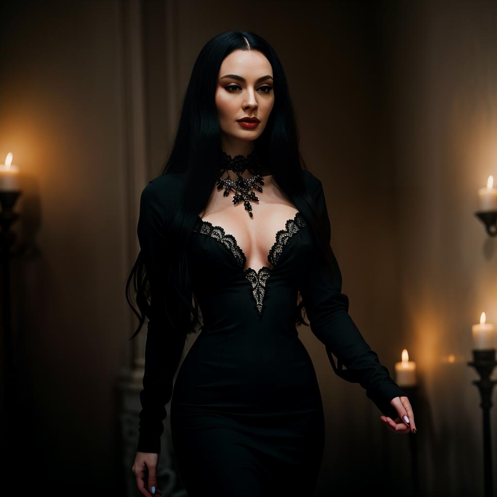  Sexy Morticia Addams hyperrealistic, full body, detailed clothing, highly detailed, cinematic lighting, stunningly beautiful, intricate, sharp focus, f/1. 8, 85mm, (centered image composition), (professionally color graded), ((bright soft diffused light)), volumetric fog, trending on instagram, trending on tumblr, HDR 4K, 8K