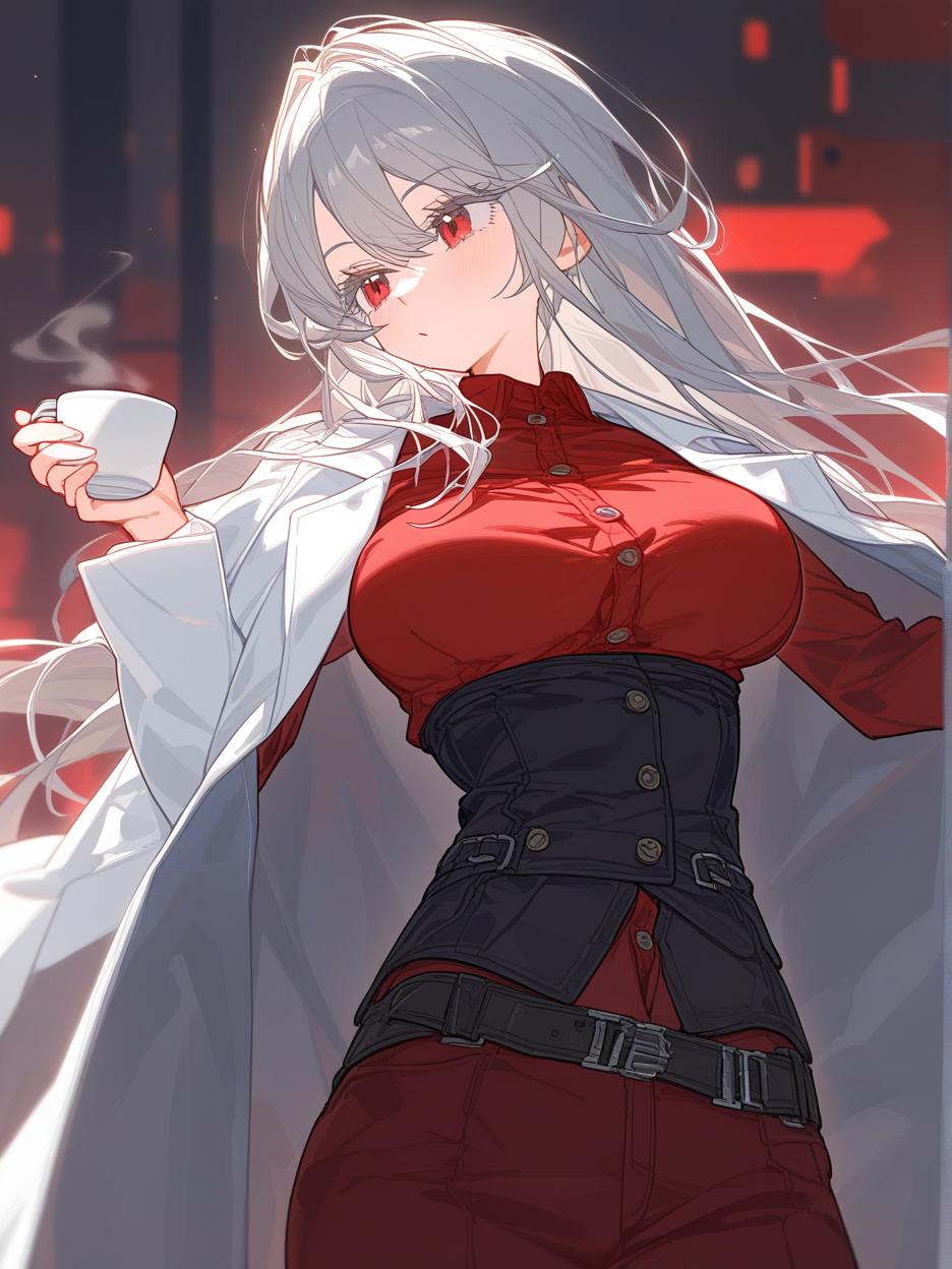  a strong woman, silver long hair. she has deep, beautiful red eyes that are very prominent, white eyelashes that are very prominent in the eyes. she wears dark dress pants. a red shirt with buttons on the front seam, two thin belts under the bust. a light gray lab coat on the shoulders. a very strong and slender body, his strong abdomen shows in the red shirt. the background is a futuristic area where people practice combat in the background. she has a cup of coffee in her hands. well highlighted eyes with white eyelashes details, 8k. . best quality, high resolution