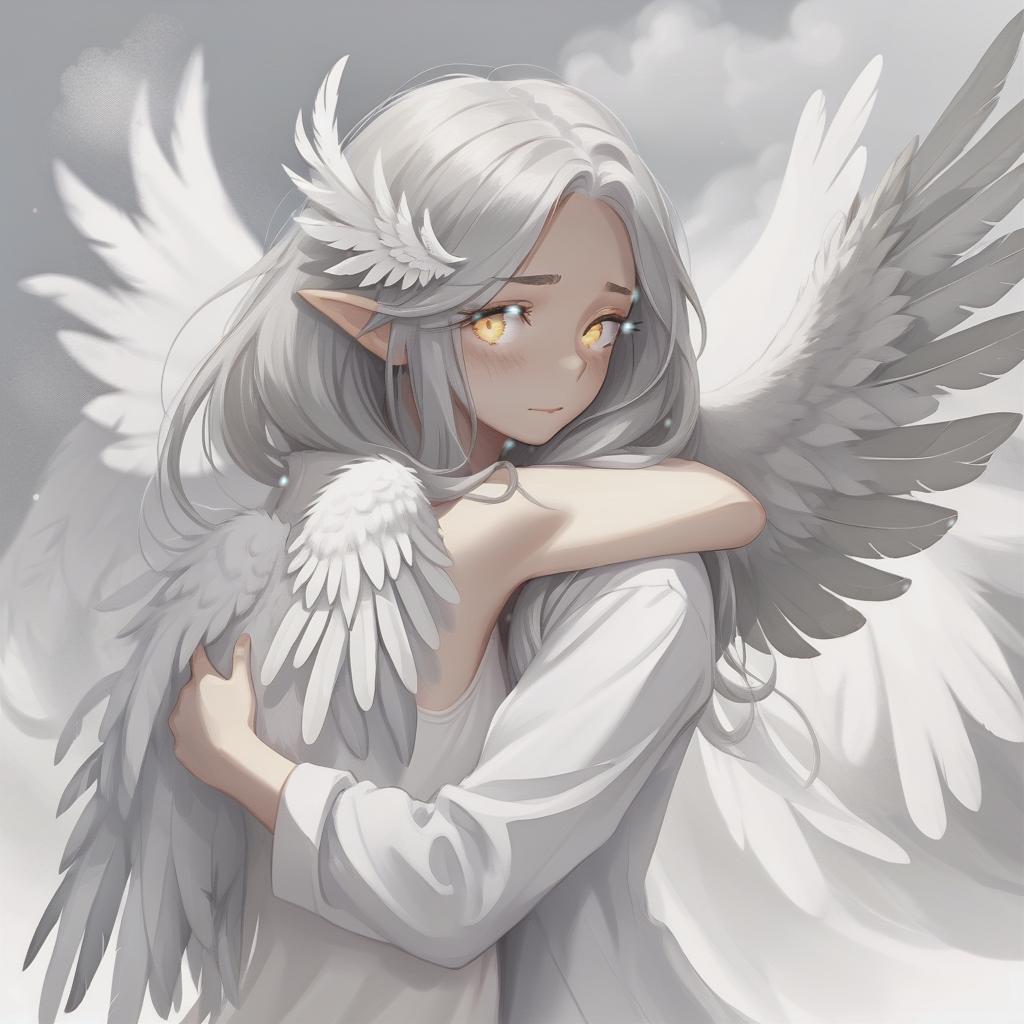  concept art a girl with white eyes and long gray hair, with feathers instead of ears, hugs her white wings . digital artwork, illustrative, painterly, matte painting, highly detailed