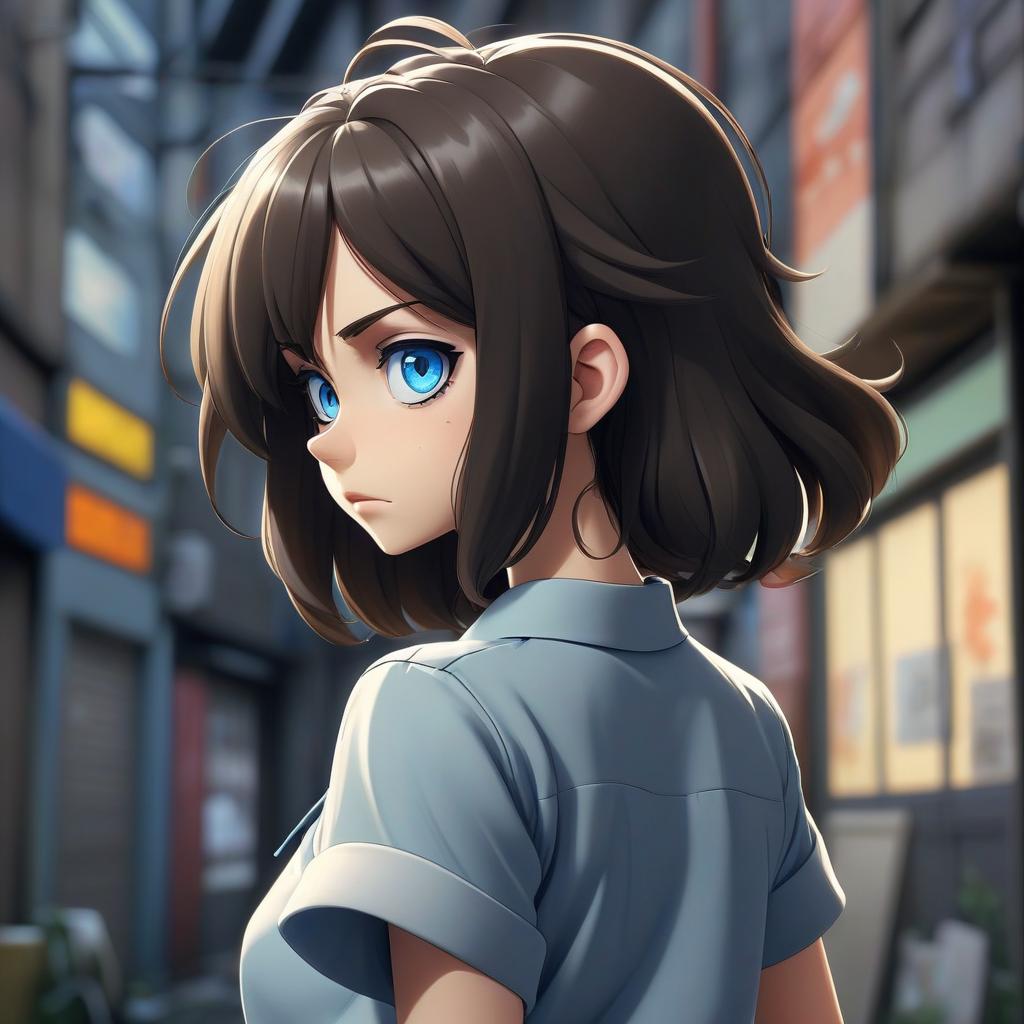  anime artwork beautiful in full growth, dark hair, blue eyes, , beautiful, urban, standing, over, visible from under the , back view, short pleated , shirt,anime . anime style, key visual, vint, studio anime, highly detailed