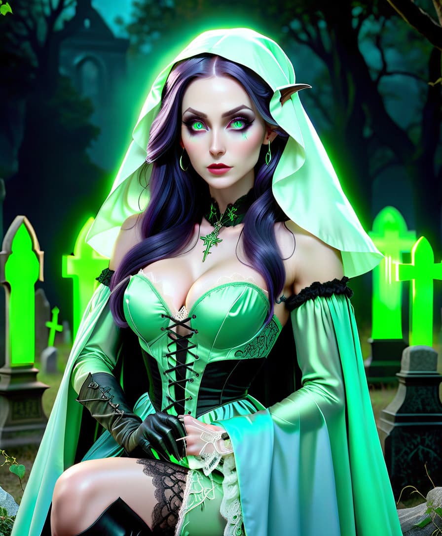  horror themed full body image of a age elf with a flat and heterochromia (left eye light green, right eye light blue, both glowing). she has pale skin, a slender, thin, athletic body with an extremely thin waist. her very long, dark purple wavy hair is loose. she wears large cross earrings, multiple hoop earrings, and a visible large tattoo. her shoulders are uncovered. she is dressed in a black, very short strapless victorian dress, soled boots, lace garter stockings, and a long cloak. she holds a staff, with a floating book beside her. she is sitting on a tombstone, surrounded by a bright green mystical glow. background: old abandoned graveyard, many tombstones, crosses, graves, withered trees, crows, filled wit hyperrealistic, full body, detailed clothing, highly detailed, cinematic lighting, stunningly beautiful, intricate, sharp focus, f/1. 8, 85mm, (centered image composition), (professionally color graded), ((bright soft diffused light)), volumetric fog, trending on instagram, trending on tumblr, HDR 4K, 8K