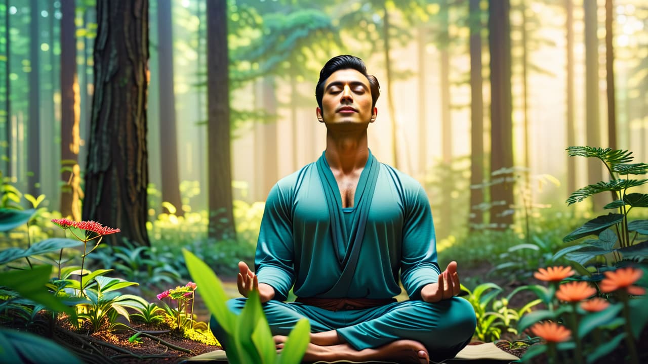  a serene person meditating in a lush forest, surrounded by vibrant plants and flowers, with a soft glow of sunlight filtering through trees, symbolizing balance, harmony, and interconnectedness of mind, body, and spirit. hyperrealistic, full body, detailed clothing, highly detailed, cinematic lighting, stunningly beautiful, intricate, sharp focus, f/1. 8, 85mm, (centered image composition), (professionally color graded), ((bright soft diffused light)), volumetric fog, trending on instagram, trending on tumblr, HDR 4K, 8K