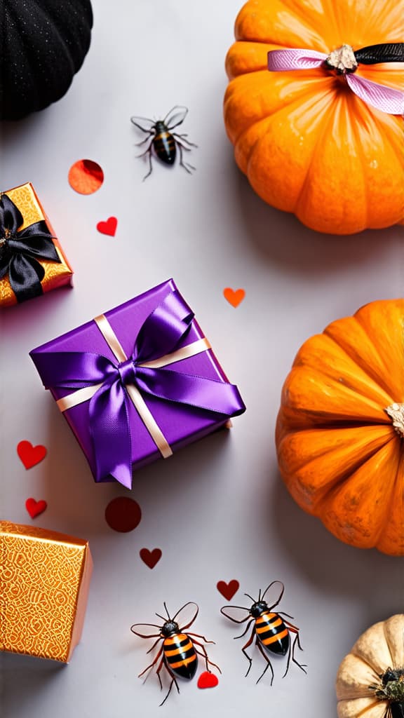  infusing halloween with love via meaningful presents. top view photo of gift boxes with satin ribbons, pumpkins, scary insects, confetti on light grey background with advertising placement ar 9:16 {prompt}, maximum details