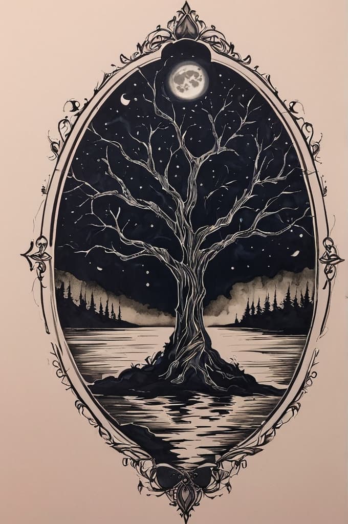  spooky tree, moon, water and spooky woman, (tattoo sketch:1.25), drawing