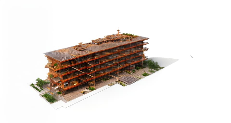 mdjrny-v4 style architecture, high quality, bird's eye view perspective, 3 story wooden hotel