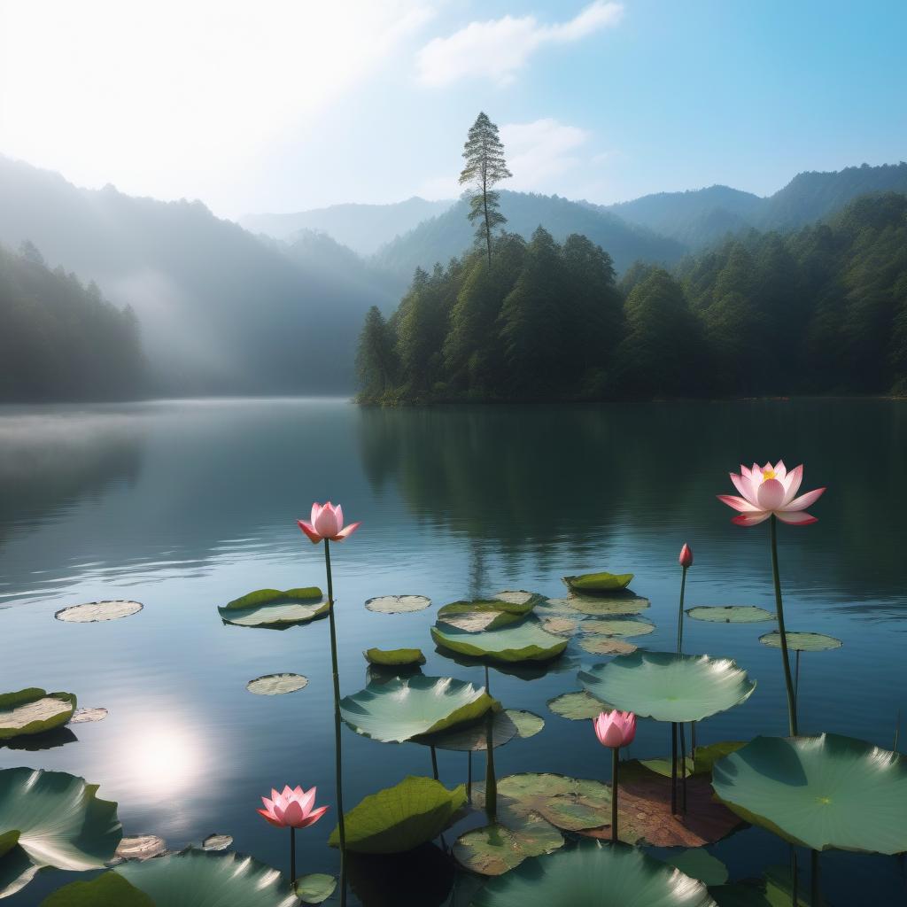  Against the background of the forest A big boat on the lake Lotuses on the water hyperrealistic, full body, detailed clothing, highly detailed, cinematic lighting, stunningly beautiful, intricate, sharp focus, f/1. 8, 85mm, (centered image composition), (professionally color graded), ((bright soft diffused light)), volumetric fog, trending on instagram, trending on tumblr, HDR 4K, 8K