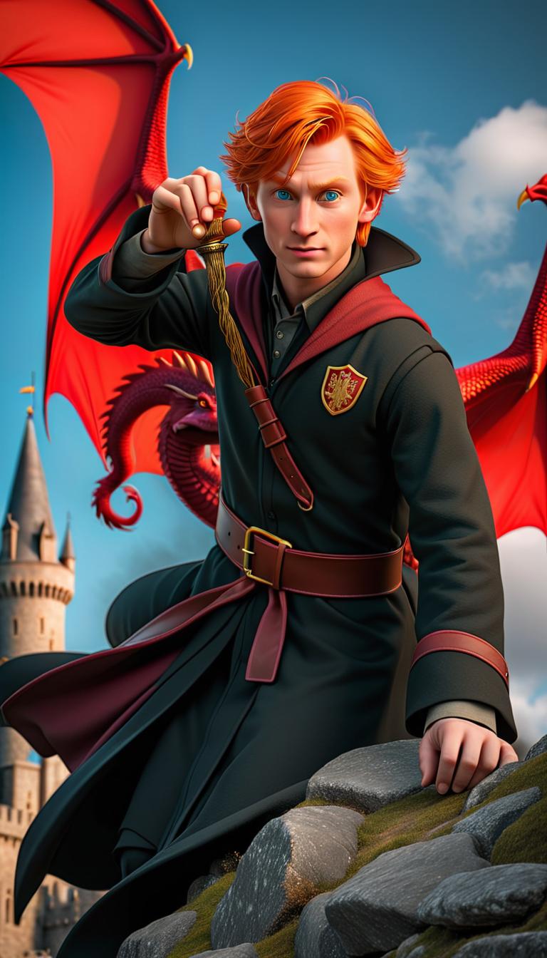  professional 3d model of fred and gorge weasley riding a brite red dragon over the hogwarts castle in there school black robes . rendered with octane, the model is highly detailed,dramatic lighting. hyperrealistic, full body, detailed clothing, highly detailed, cinematic lighting, stunningly beautiful, intricate, sharp focus, f/1. 8, 85mm, (centered image composition), (professionally color graded), ((bright soft diffused light)), volumetric fog, trending on instagram, trending on tumblr, HDR 4K, 8K