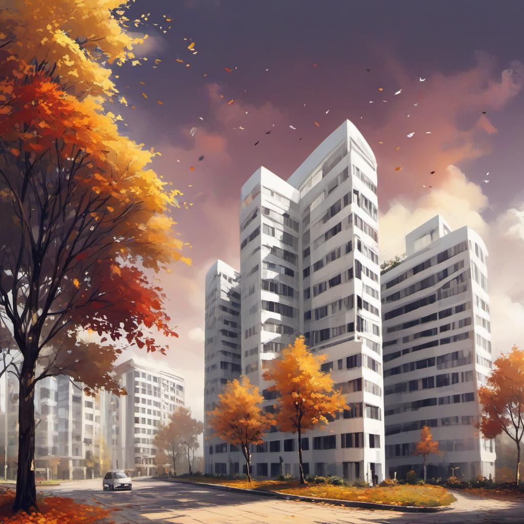  a tall white building with an autumn backround, painting style