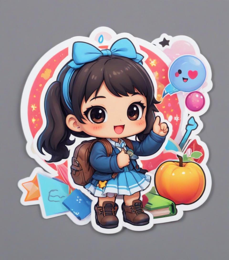  kawaii style sticker design of a go back to school . cute, adorable, brightly colored, cheerful, anime influence, highly detailed, sticker hyperrealistic, full body, detailed clothing, highly detailed, cinematic lighting, stunningly beautiful, intricate, sharp focus, f/1. 8, 85mm, (centered image composition), (professionally color graded), ((bright soft diffused light)), volumetric fog, trending on instagram, trending on tumblr, HDR 4K, 8K