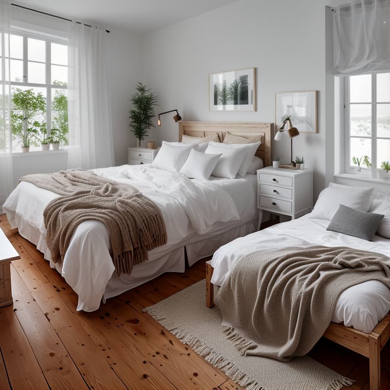  a cozy white bedroom with wooden furniture, and bright details. hyperrealistic, full body, detailed clothing, highly detailed, cinematic lighting, stunningly beautiful, intricate, sharp focus, f/1. 8, 85mm, (centered image composition), (professionally color graded), ((bright soft diffused light)), volumetric fog, trending on instagram, trending on tumblr, HDR 4K, 8K