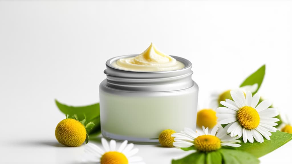  object photography. face cream in a round jar, white background, delicate texture, chamomile flowers nearby ar 16:9, (natural skin texture), highly detailed face, depth of field, hyperrealism, soft light, muted colors