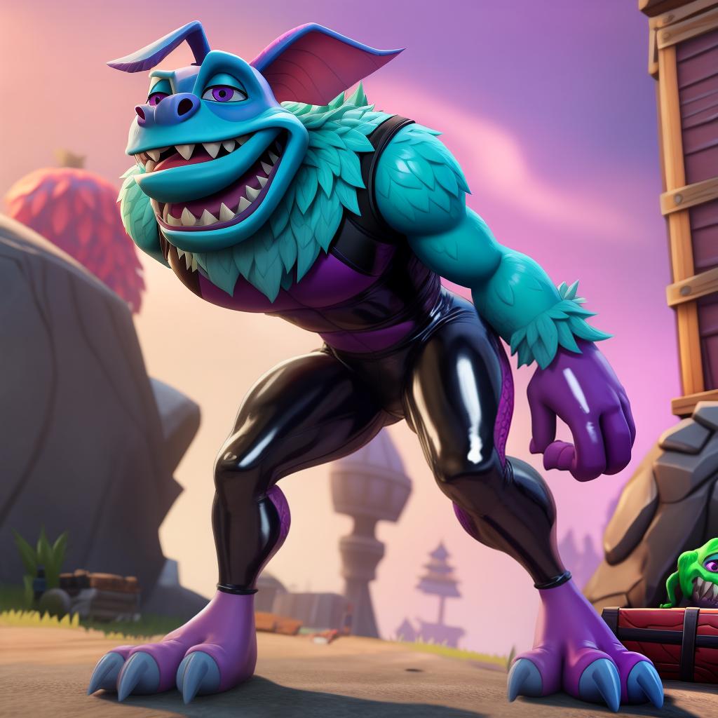  Evil scary Sully (monsters inc, Fortnite), full body, wearing rubber suit and gloves, open eyes, masterpiece, 4k, fine details,