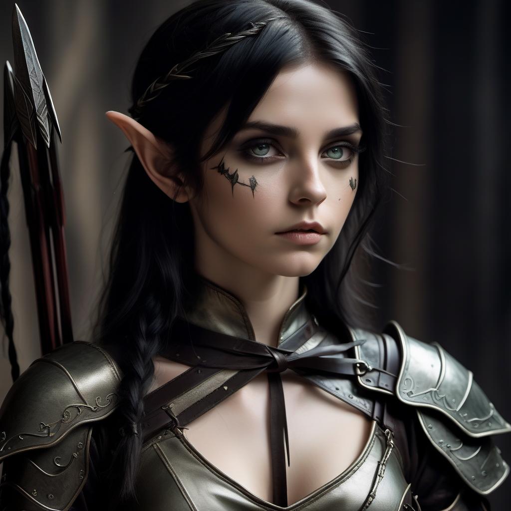  the girl is an elf, a rogue, dressed in light leather armor, her eyes are tied with a black cloth from under which you can see scars, black hair, naughty, shoulder length, behind a short bow and a quiver with arrows, a short sword on the belt