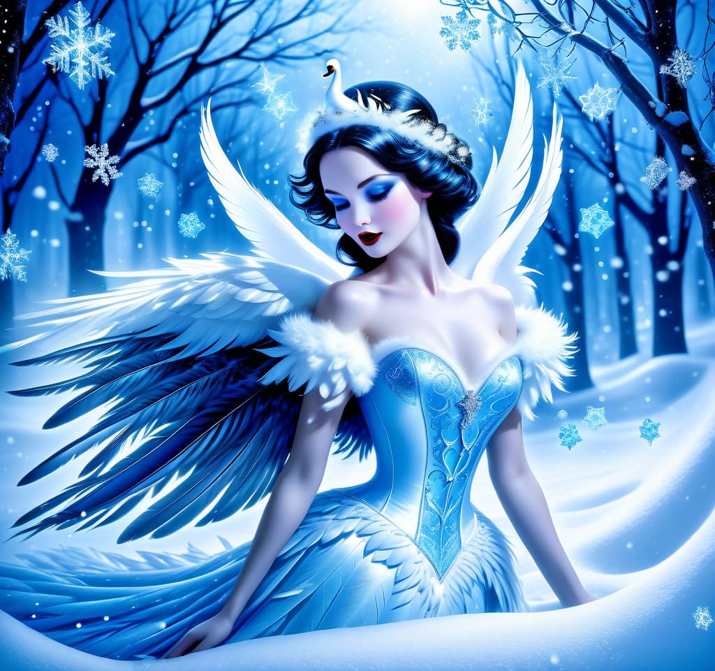  dreamscape thy name is (kiss the snow1,2) . ((key, (ice, blue1,6 sip)) ((blue eyed)) i've been jinxed ((snow singer1,8) . ((snow swan)) ((the snow swan)) feathers at my feet.( feathers flutter and slowly sink into the snow). (snow white swan): the head and body are creamy white with a silvery tint. wings of white blue colour from snowflakes (roses): light blue colour with leaves from ice crystals. background:soft blue with delicate patterns of falling snow and curls of blizzards, ice patterns on water.(style):fantasy, romantic art, silver age poetry, 19th century, dedication. . surreal, ethereal, dreamy, mysterious, fantasy, highly detailed, civitai, hkmagic