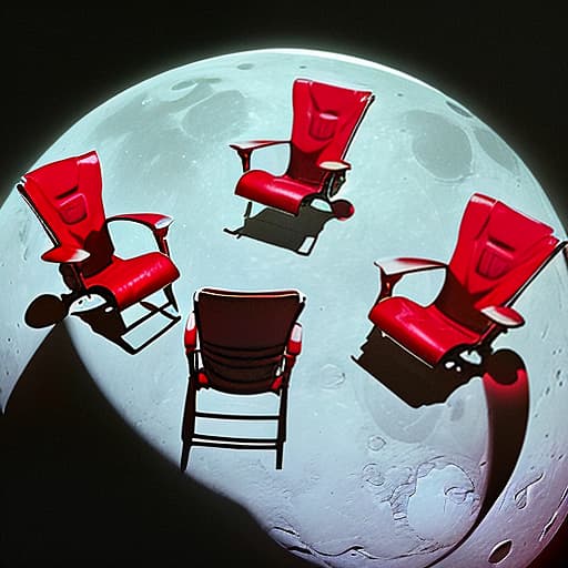  3 red chairs in zero gravity float on the moon