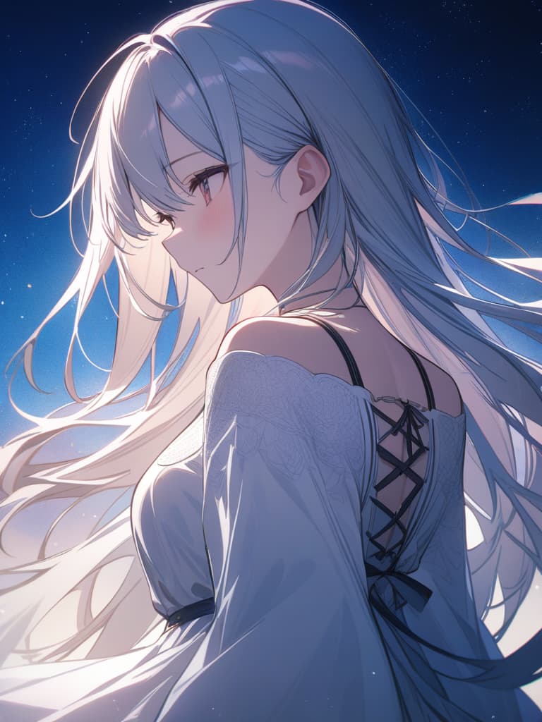  looking at the starry sky, a girl, wearing a white dress, cute, beautiful, fleeting, masterpiece, best quality,8k,ultra detailed,high resolution,an extremely delicate and beautiful,hyper detail