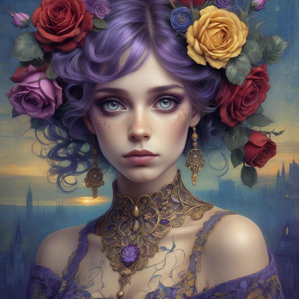  grunge style a close up full body portrait of an stylish beautiful woman dressed in klimt style with a beautiful and very detailed face,style of jean baptiste monge, van gogh style, so many kind of flowers ,roses, klimt style. sunset. background, masterpiece, use shades of purple , blue, red and green best quality, super detailed, high resolution, very detailed, 8k uhd, realistic, (natural light), amazing, fine details, best, high quality, raw photo. arte nova. ember filigree and lace. . textured, distressed, vintage, edgy, punk rock vibe, dirty, noisy