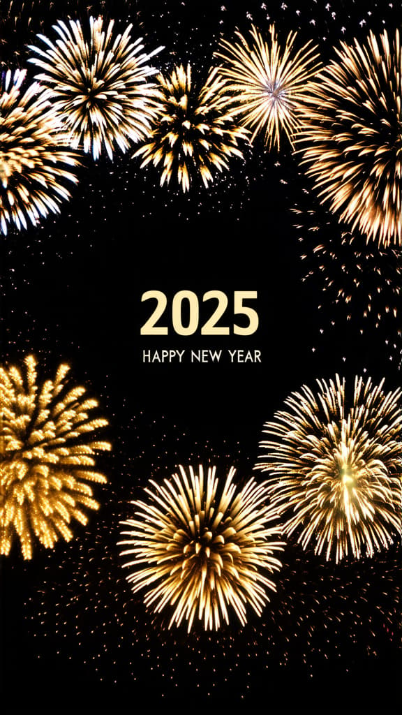  happy new year 2025 festive silvester new year's eve party background greeting card frame made of golden fireworks in the dark night. ar 9:16 {prompt}, maximum details