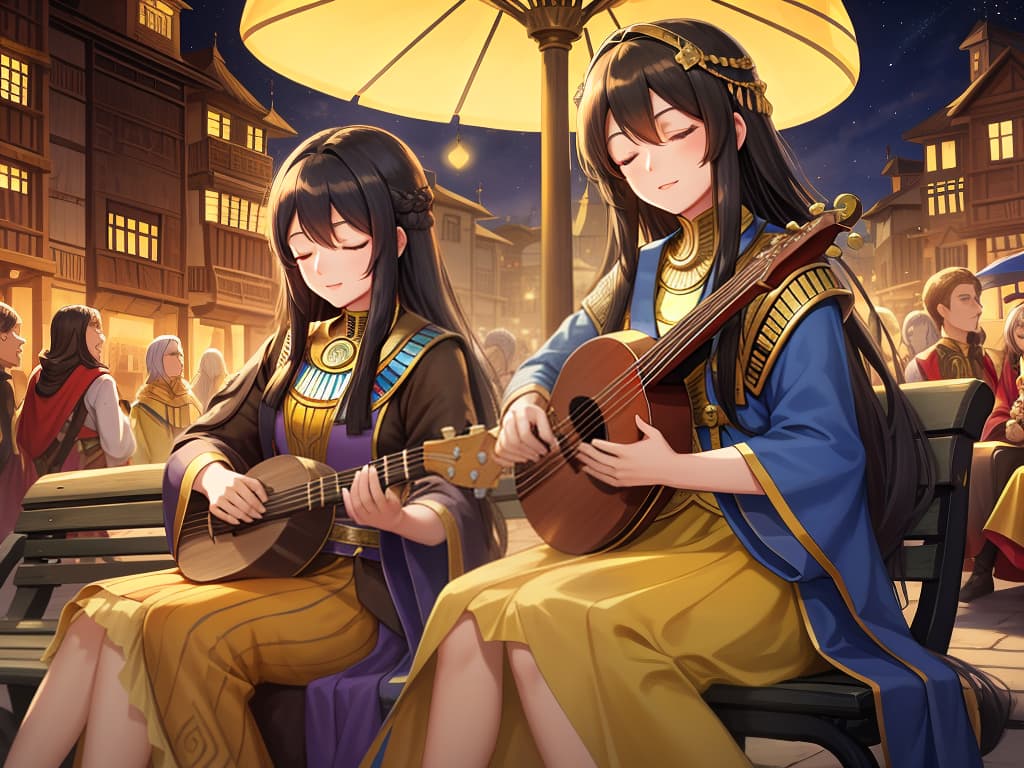  mature woman,long hair,bards,dress,fantasy,town,bright atmosphere,sit on a bench,lively,holding the lute,singing,eyes closed,calm expression,spectators all around,evening,ancient egypt,