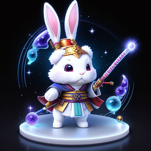  (Wizard samurai rabbit with stick in 4K 3DHer eyes are marbles and her is shiny glass. 3D 4K uhd Realistic marblelight shine light spread art glass parts on sky))