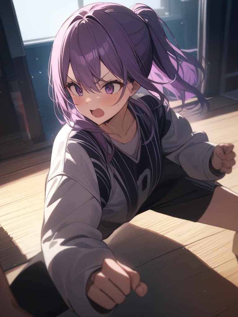  ponytail, purple hair, glasses girl, jersey, shouting, dojo, punch, masasa fist, masterpiece, best quality,8k,ultra detailed,high resolution,an extremely delicate and beautiful,hyper detail