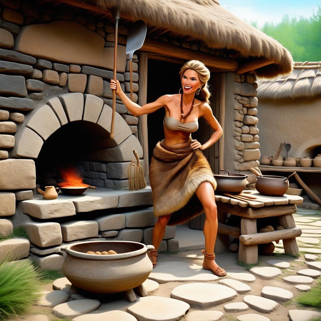  (cartoon style:1.5), masterpiece, best quality, stone age woman in a dirty fur skirt and a dirty fur vest cooking in ceramic pot in a stone oven, outdoor, at full heigh body, with brovn hair, slender, slim waist, long loincloth, tanned skin, at full heigh body, action pose, full heigh body, against the backdrop of a stone age village, (swift and agile movements:1.2), intense, (determined expression:0.9), cartoon style, cute, modernism,