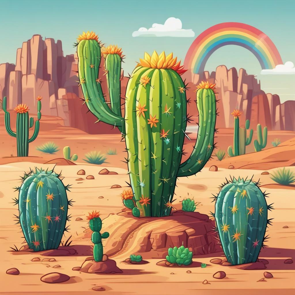  masterpiece, best quality, In a sandy desert, a single cactus is vomiting a rainbow, in a cartoony style.