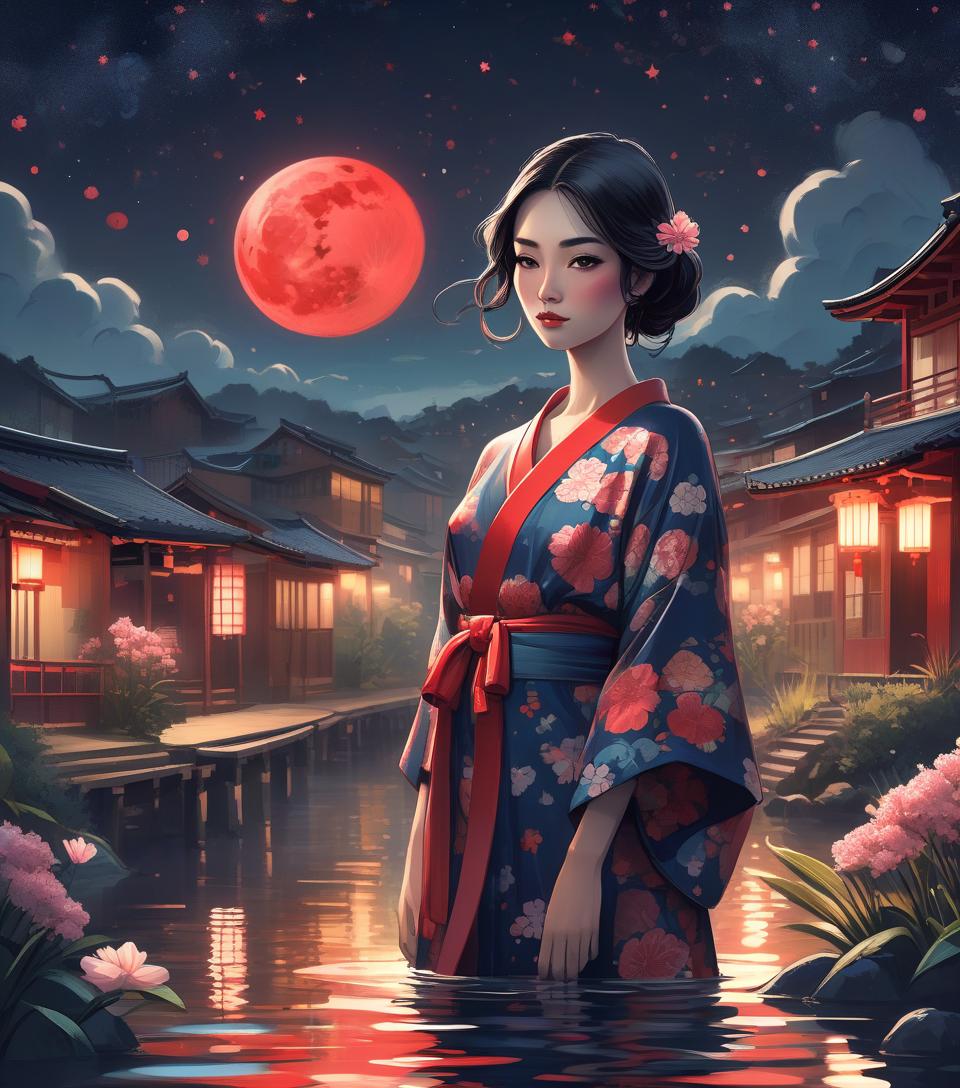  concept art a stylized illustration of a woman in a floral kimono by a waterway, with a traditional village and night sky with stars and a red moon in the background , comic style . digital artwork, illustrative, painterly, matte painting, highly detailed