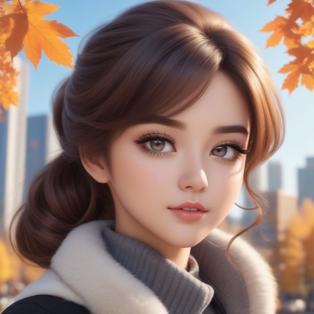  A cute cartoon girl with big gray eyes, plump lips, freckles on a snub-nosed face, curly hair gathered in a perky ponytail against the background of an autumn city, a bright dynamic picture in the style of a cute anime