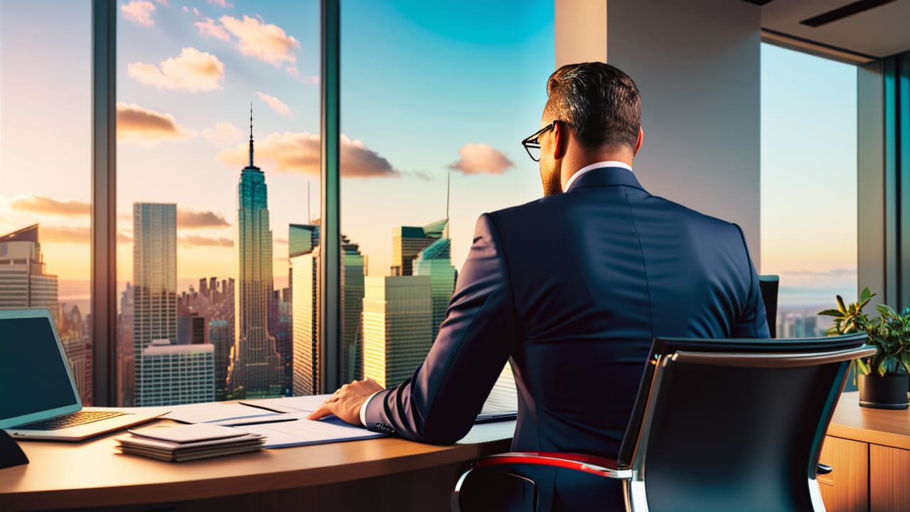  a confident general manager at a sleek office desk, surrounded by financial charts, a laptop displaying budgets, and a calendar, deep in thought, with a city skyline visible through large windows. hyperrealistic, full body, detailed clothing, highly detailed, cinematic lighting, stunningly beautiful, intricate, sharp focus, f/1. 8, 85mm, (centered image composition), (professionally color graded), ((bright soft diffused light)), volumetric fog, trending on instagram, trending on tumblr, HDR 4K, 8K