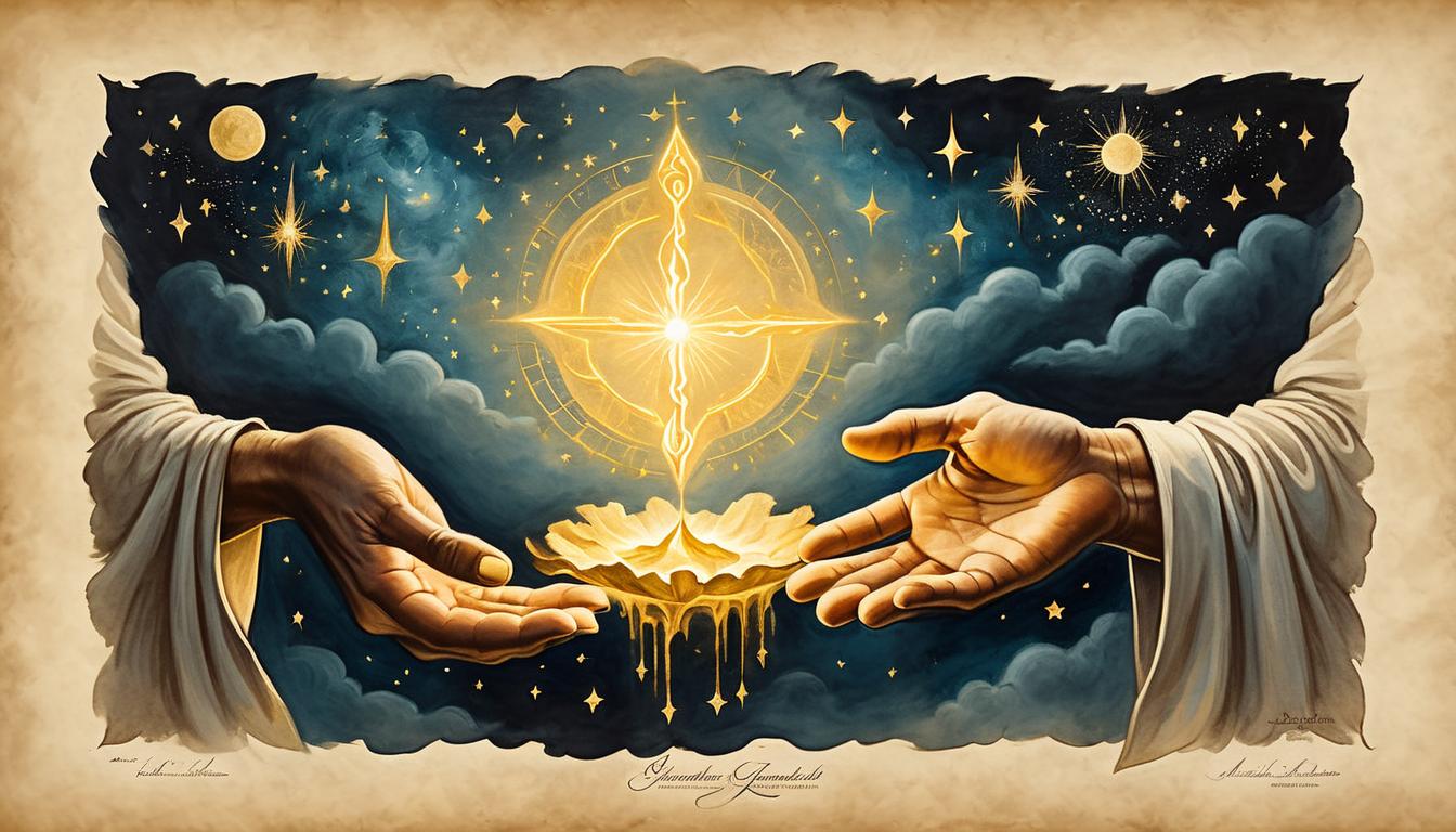  on parchment, surrealism+++, hands releasing golden energy, night sky, radiant, empowerment, golden light against darkness, commitment(mysterious, provocative, symbolic,muted color)+++