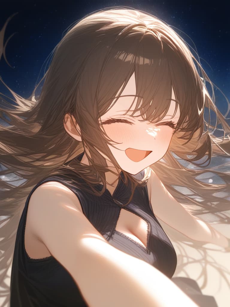  bright brown hair long hair, transparent ephemeral, laughing, under the starry sky, the whole body, facing here, wearing a white cardigan from the black sleeveless dress, above the chest, masterpiece, best quality,8k,ultra detailed,high resolution,an extremely delicate and beautiful,hyper detail