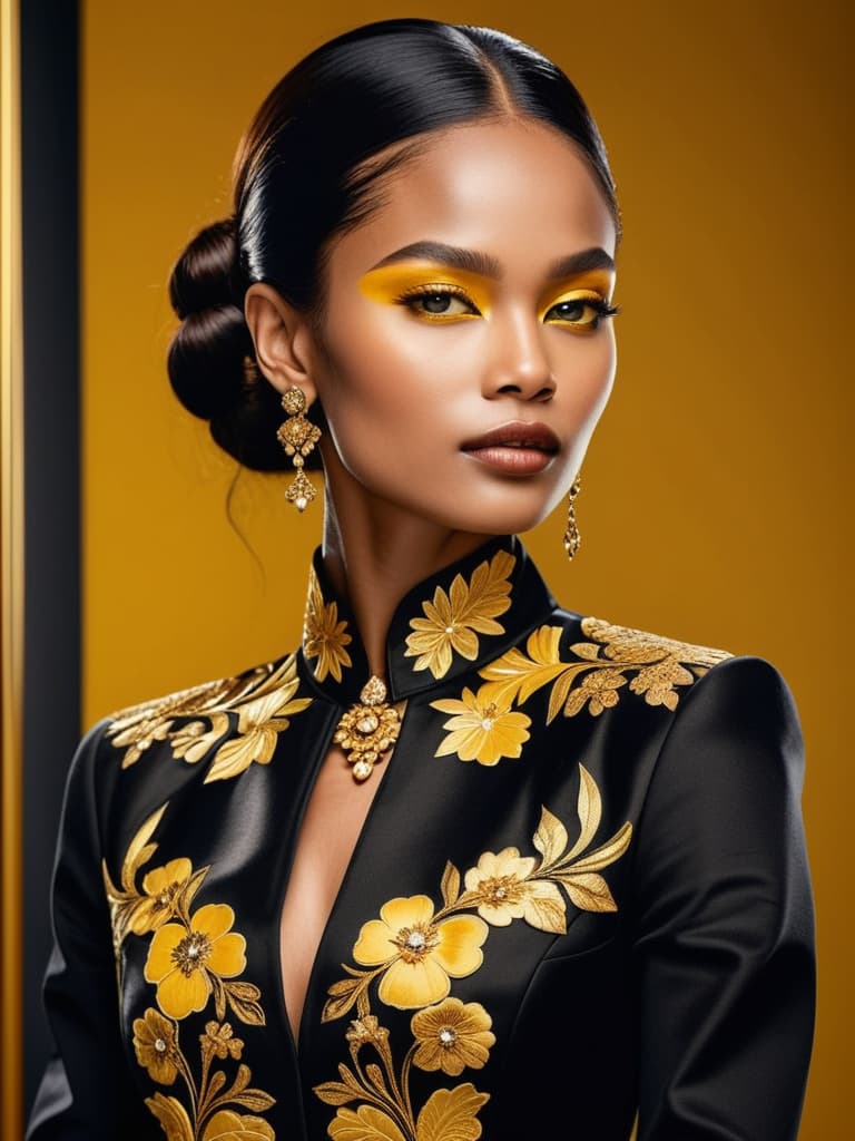  Golden yellow and sleek black color palette, captivating and inviting expression, exuding elegance and charm, magnetic beauty, intricate details, high contrast, luxurious feel, digital art, female, glossy finish, striking composition, dynamic lighting to enhance features.