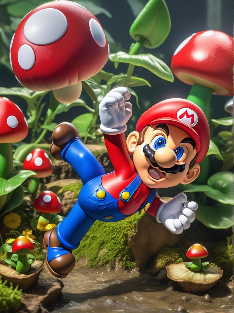  generate a high quality image of super mario jumping over 2 piranha plants and one of them bites his shoe off as he grabs a super star and is in half way of turning into rainbow super star mario, with other half of his body still in his red clothes and normal wear. the setting should be level 1 of super mario brothers 2 video game., high quality, high details, hd, perfect composition, 4k epic detailed, highly detailed, sharp focus, high resolution