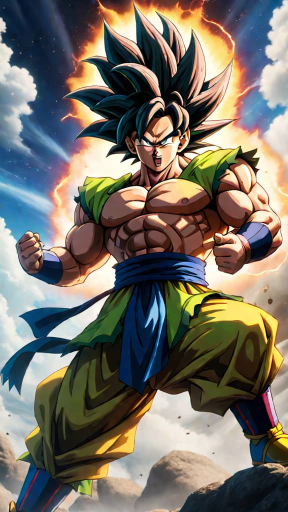  an anime art depicting broly's raw power and potential as a god of destruction in dragon ball. hyperrealistic, full body, detailed clothing, highly detailed, cinematic lighting, stunningly beautiful, intricate, sharp focus, f/1. 8, 85mm, (centered image composition), (professionally color graded), ((bright soft diffused light)), volumetric fog, trending on instagram, trending on tumblr, HDR 4K, 8K