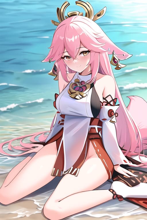  young european women,fox ears,full body,(yae miko:1.3), (masterpiece), (highest quality), (intricate), (high detail),girl at beach, an extremely detailed illustration of a cute beautiful women on the sea beach, detailed water, masterpiece, best quality, high quality, solo