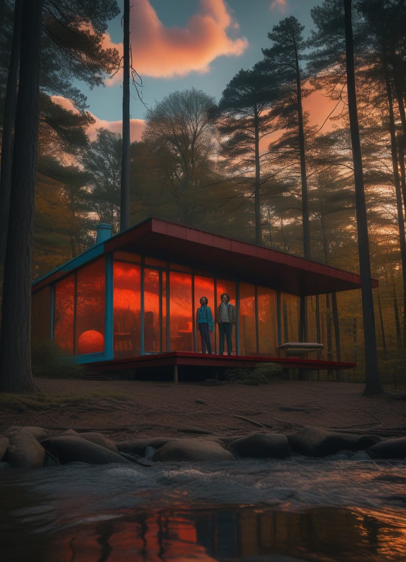  a man and woman stand in front of a glass and wood mid century modern cabin is in wooded clearing, behind the cabin is a blue running river, the clouds are an orange and red, the sun is eclipsed, in the clouds is a tentacled monster in the style of stranger things