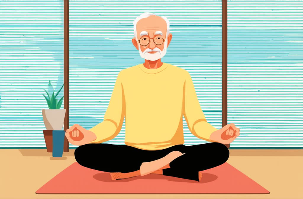  flat illustration, flaticon, (illustration:1.15), elderly funny man in yoga lotus pose doing meditation, mindfulness practice, spiritual discipline at home or in gym. cute old man sitting on mat and meditating. raster illustration ar 3:2, [cory loftis, strobist, pascal campion :: 0.2]