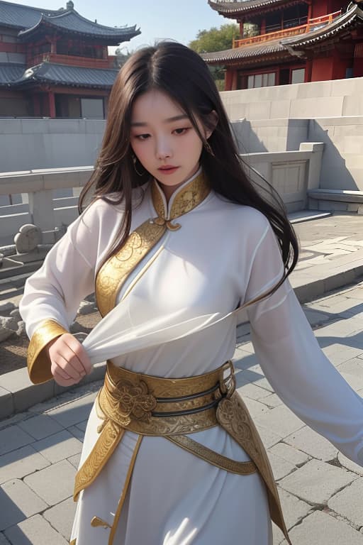  a young chinese woman with long hair is depicted wearing traditional east asian warrior armor in black, white, and gold. she is engaged in combat, wielding an ancient chinese broadsword. her body is surrounded by a shimmering silver aura that radiates outward. the dark background features elements of ancient east asian architecture, such as tiled roofs and wooden columns. the outdoor scene includes natural elements like bamboo trees or shrubs. the lighting suggests an early morning or late afternoon, creating a serene yet mysterious atmosphere. scattered leaves add to the sense of movement and tranquility.—zoom fit., advertising photo,high quality, good proportion, masterpiece , the image is captured with an 8k camera