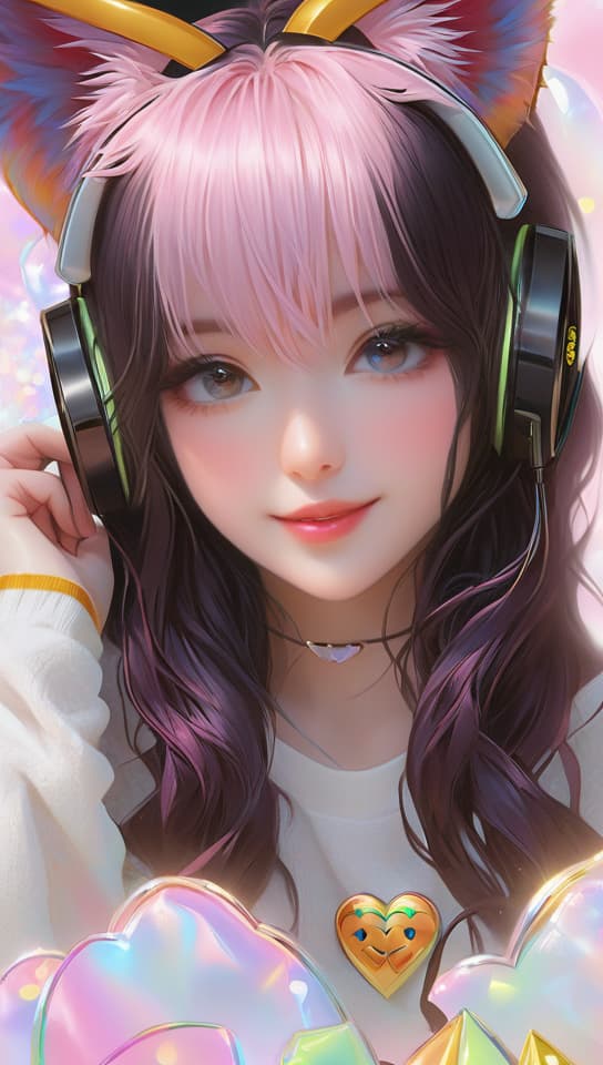  girl, pink hair, hairclip, heart shaped pupils, cat ear headphones, light smile, anime artwork, anime style, key visual, vibrant, studio anime, highly detailed