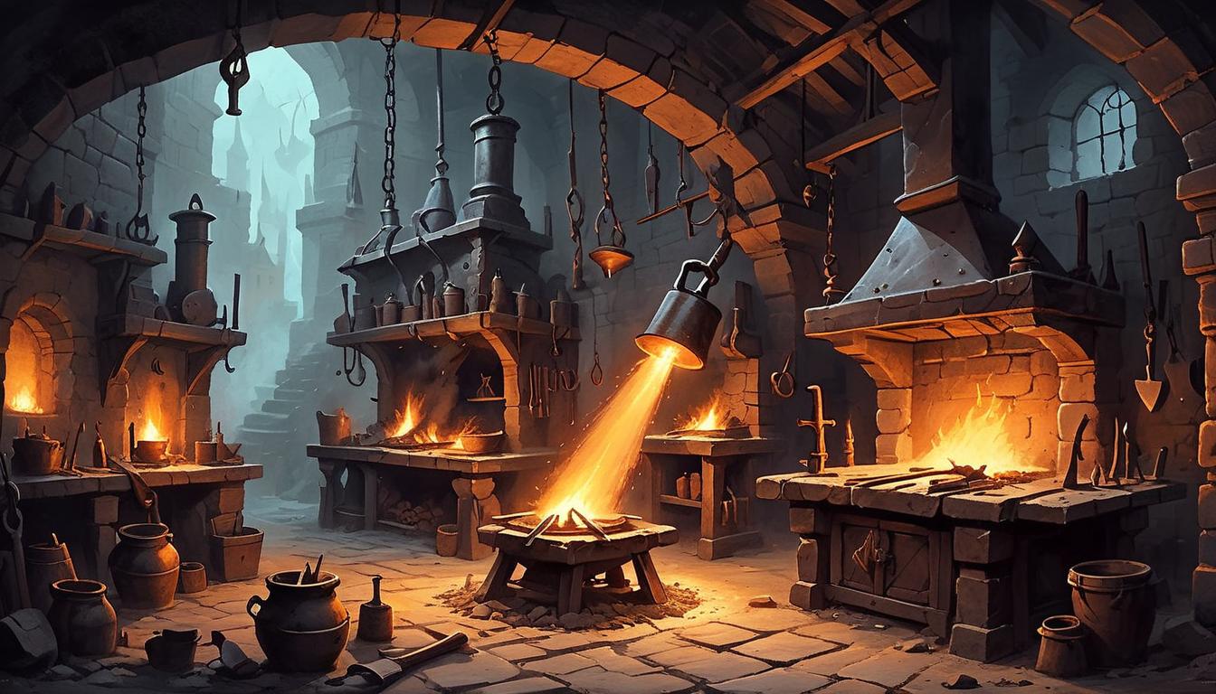  on parchment, surrealism+++, a blacksmith's forge, fiery glow illuminating dark surroundings, iron being hammered, sparks flying, intense heat, rugged textures, resilience, transformation, emergence from darkness.(mysterious, provocative, symbolic,muted color)+++