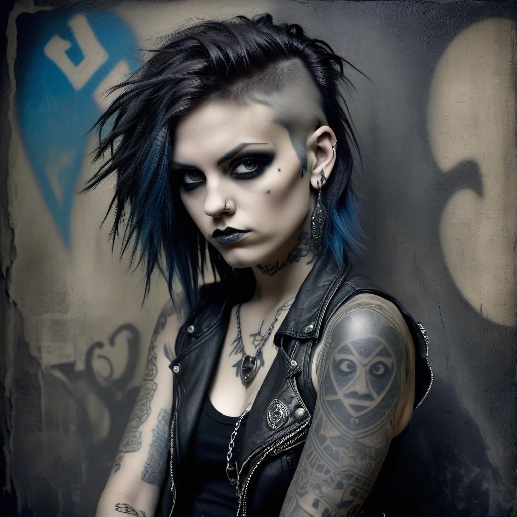  portrait of a female rocker, expressive eyes, tattoos, attitude, sultry, pictorialism, dystopian, grim dark, goth, chiaroscuro, contrast, surrealism, gritty background, , grunge, graffiti