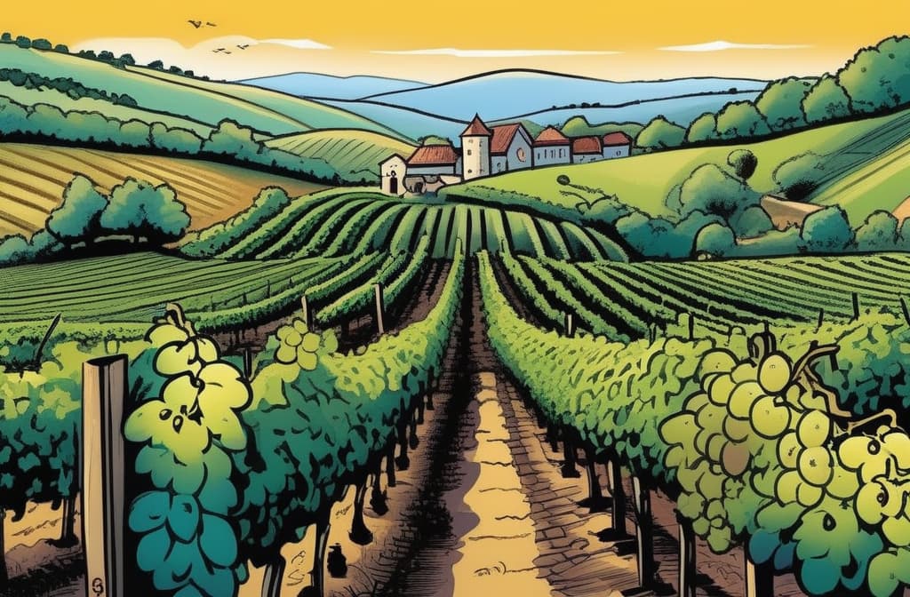  comic Local vineyard with rows of grapevines, scenic hills ar 3:2, graphic illustration, comic art, graphic novel art, vibrant, highly detailed