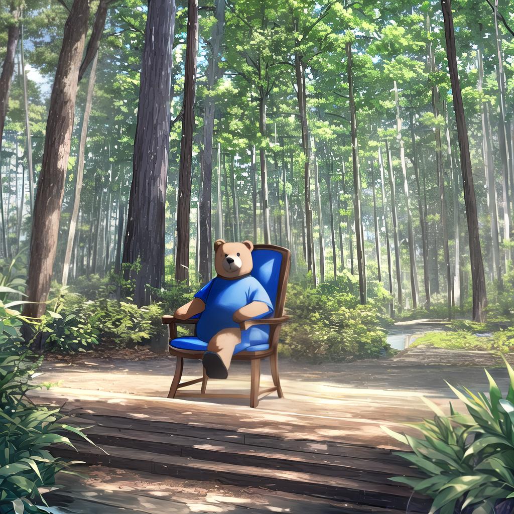  a bear sitting in a blue chair, forest setting, illustrated cute